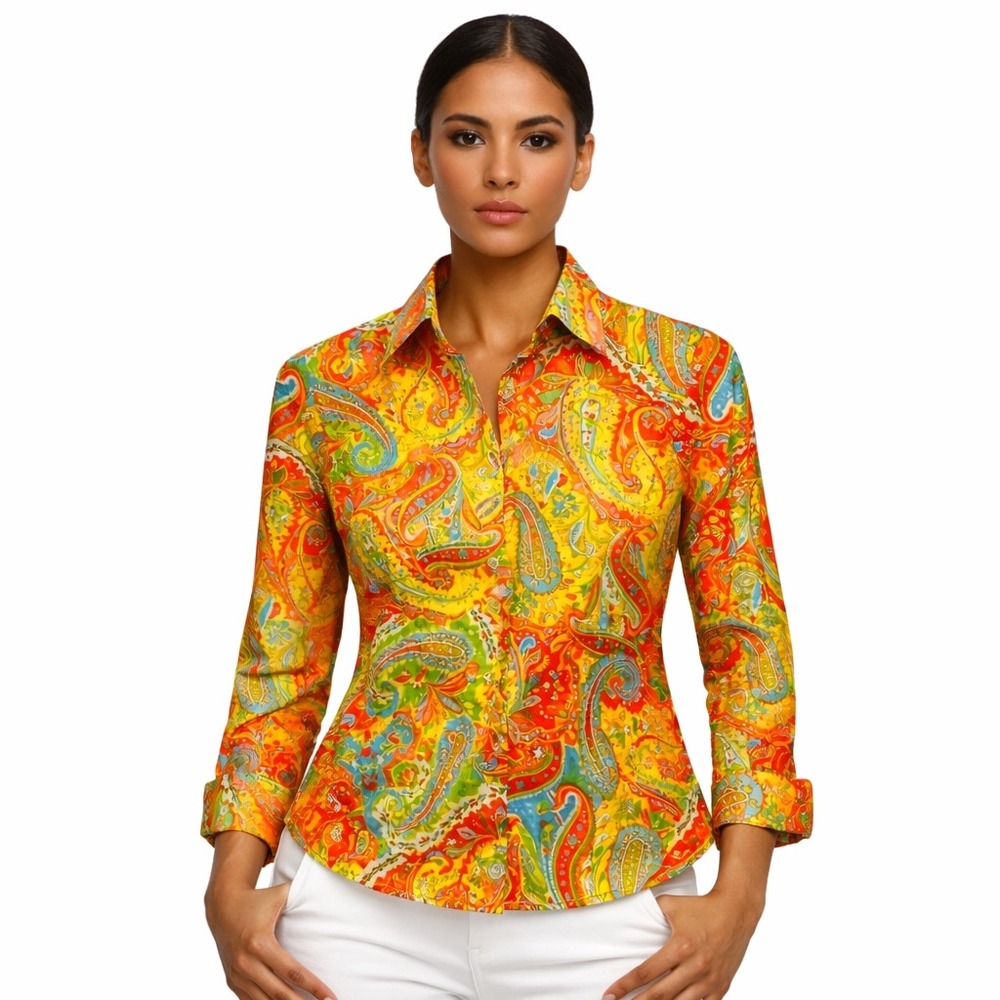 Vtg Lauren Ralph Lauren Petite PS Paisley Button Up Multicolor Fall Boho Retro‎